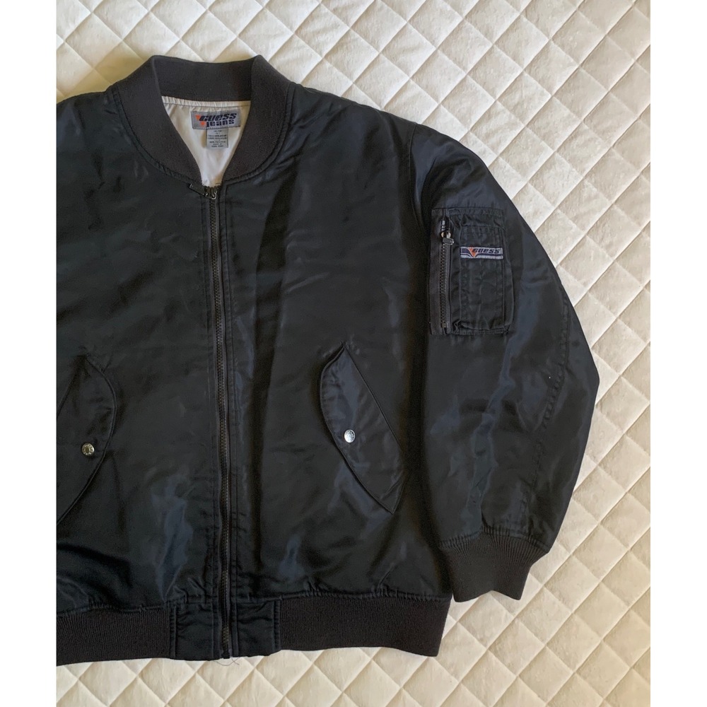 Y2K‎ VTG 90s Guess Bomber Black Basic Jacket Sz L Streetwear Grunge Classic Dope